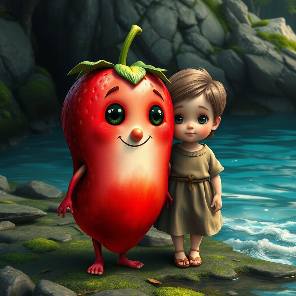Anthropomorphic Strawberry with Child, Fantasy Concept Art