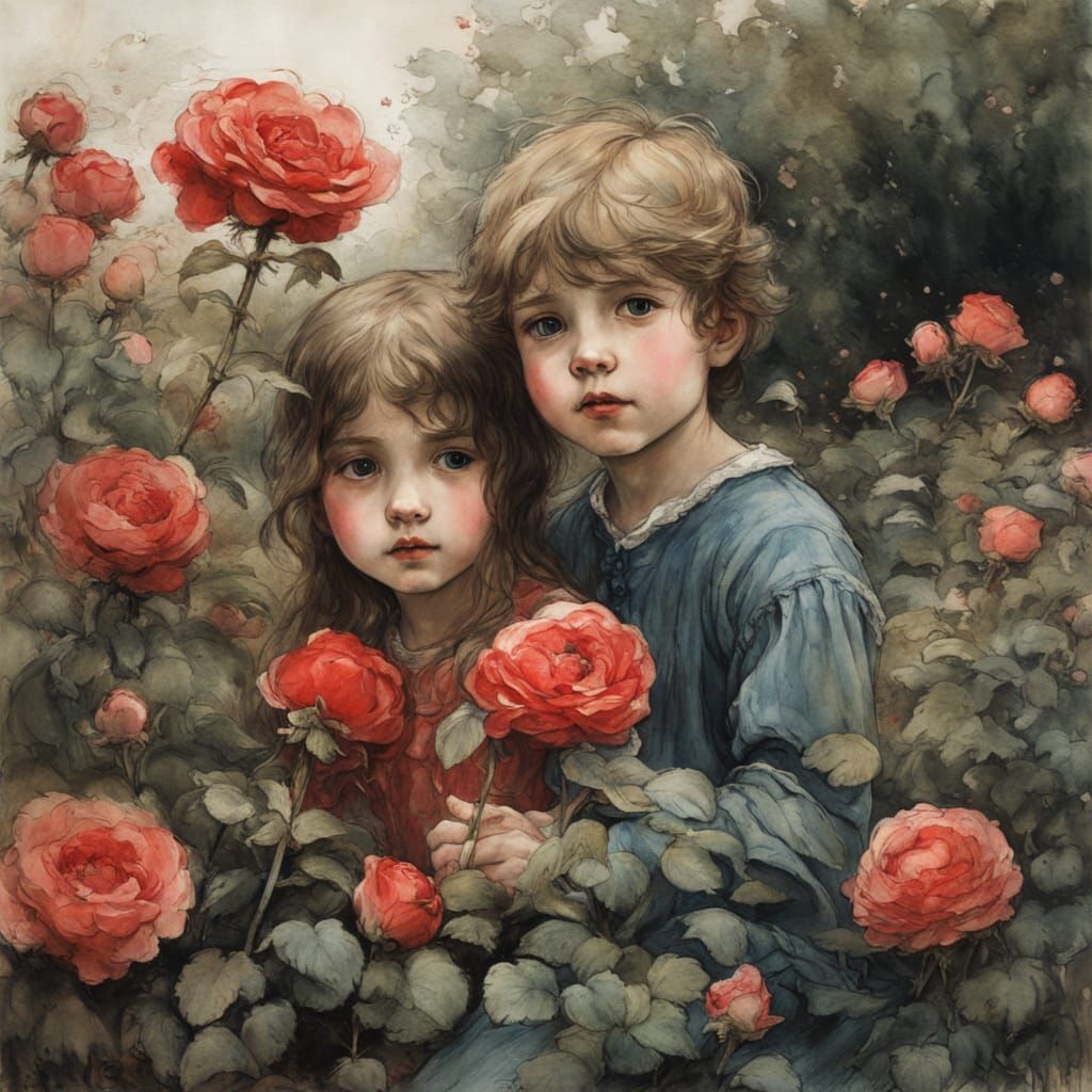Brother and Sister in Rose Garden, Storybook Style