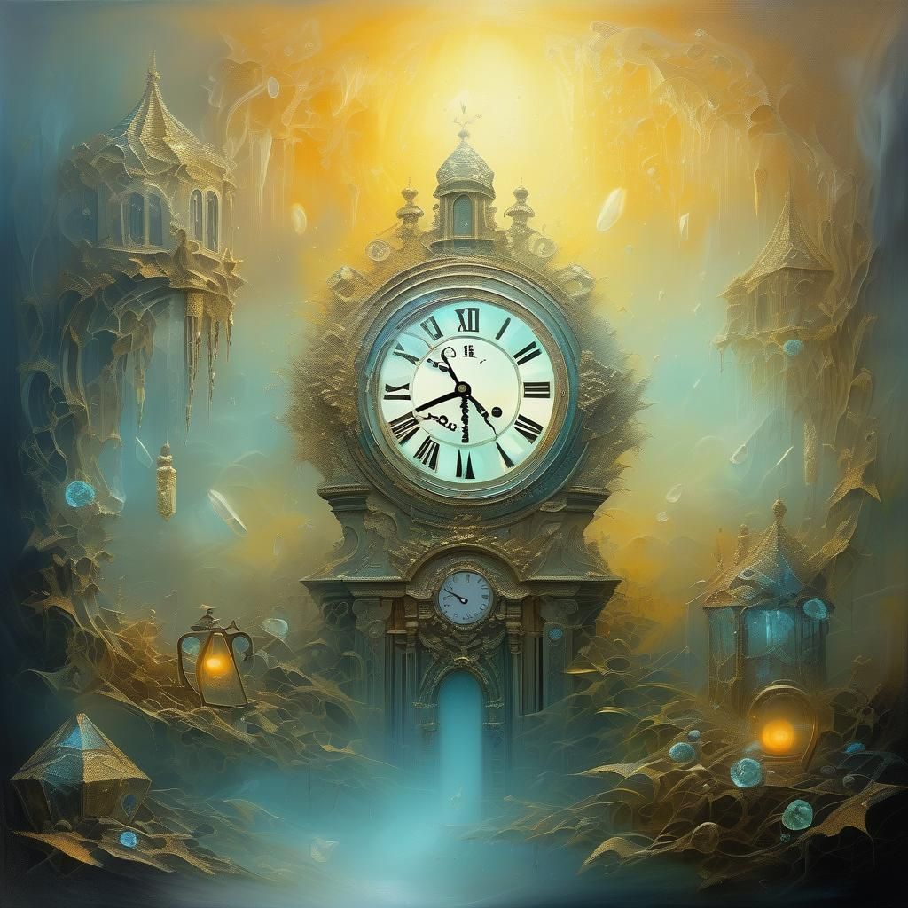 Surreal Fantasy Clock in Haze: 3D Fluorescent Art