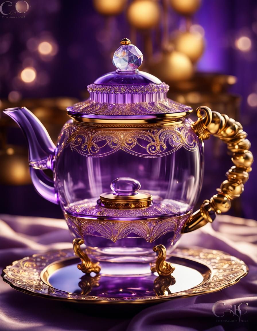Elegant Crystal Teapot with Golden Decor in Art Deco Style