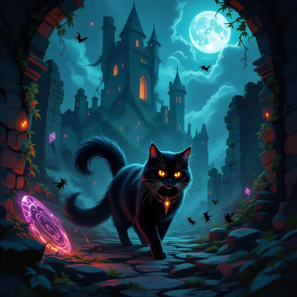 Obsidian Cat in Moonlit Wizard Tower Ruins
