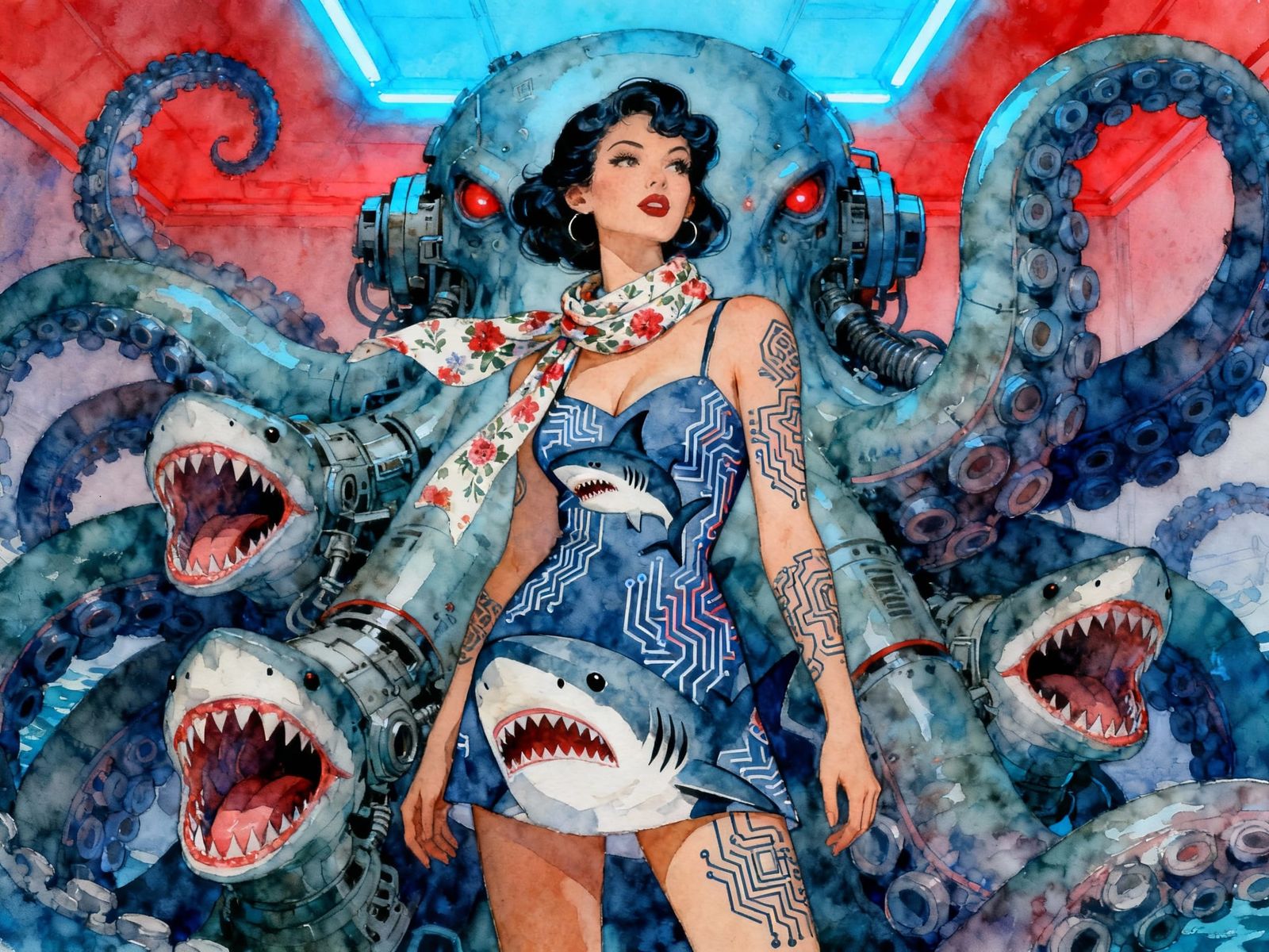 Woman Confronts Biomechanical Kraken in Watercolor Pinup Sty...