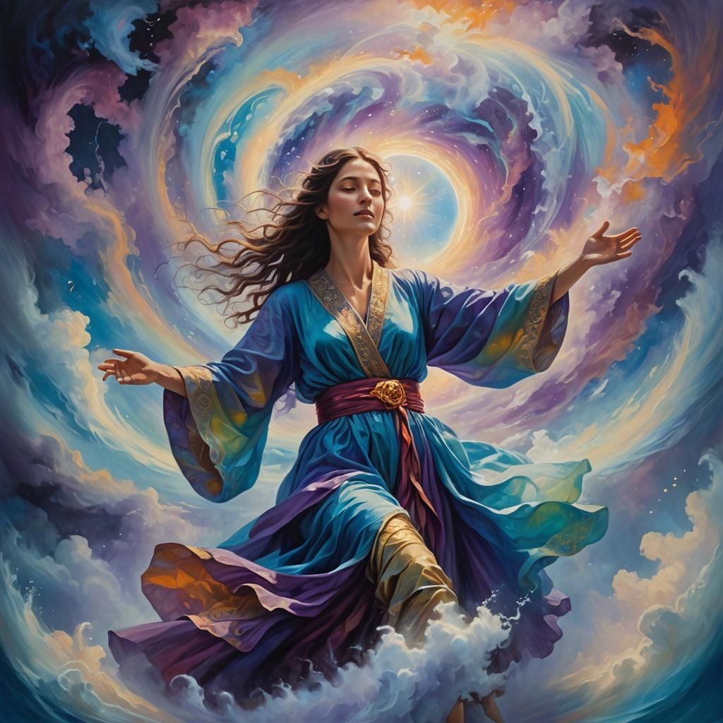 Mystical Woman in Blue Dreamscape Oil Painting