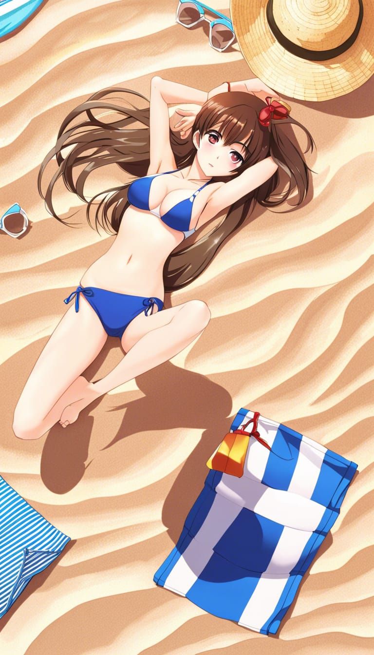 Anime Girl Sunbathing on Beach From Above