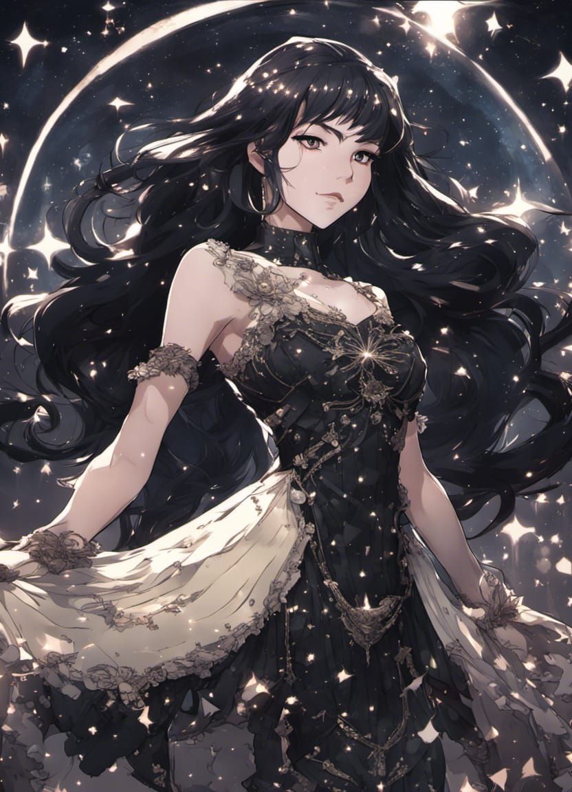 Elegant Anime Girl in Cosmic Star Dress