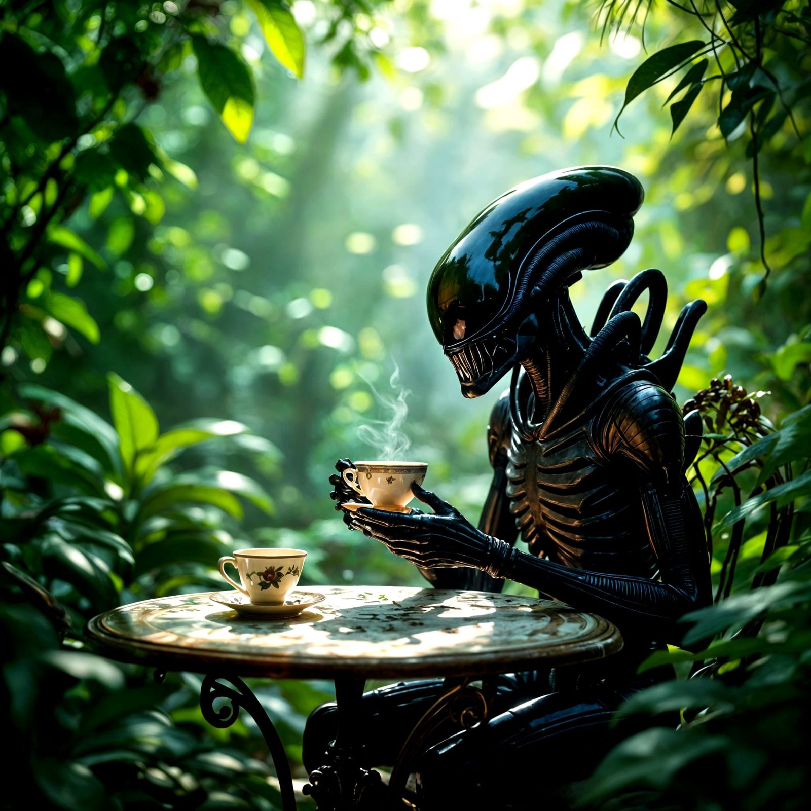 Xenomorph Enjoys Tea in Lush Botanical Garden