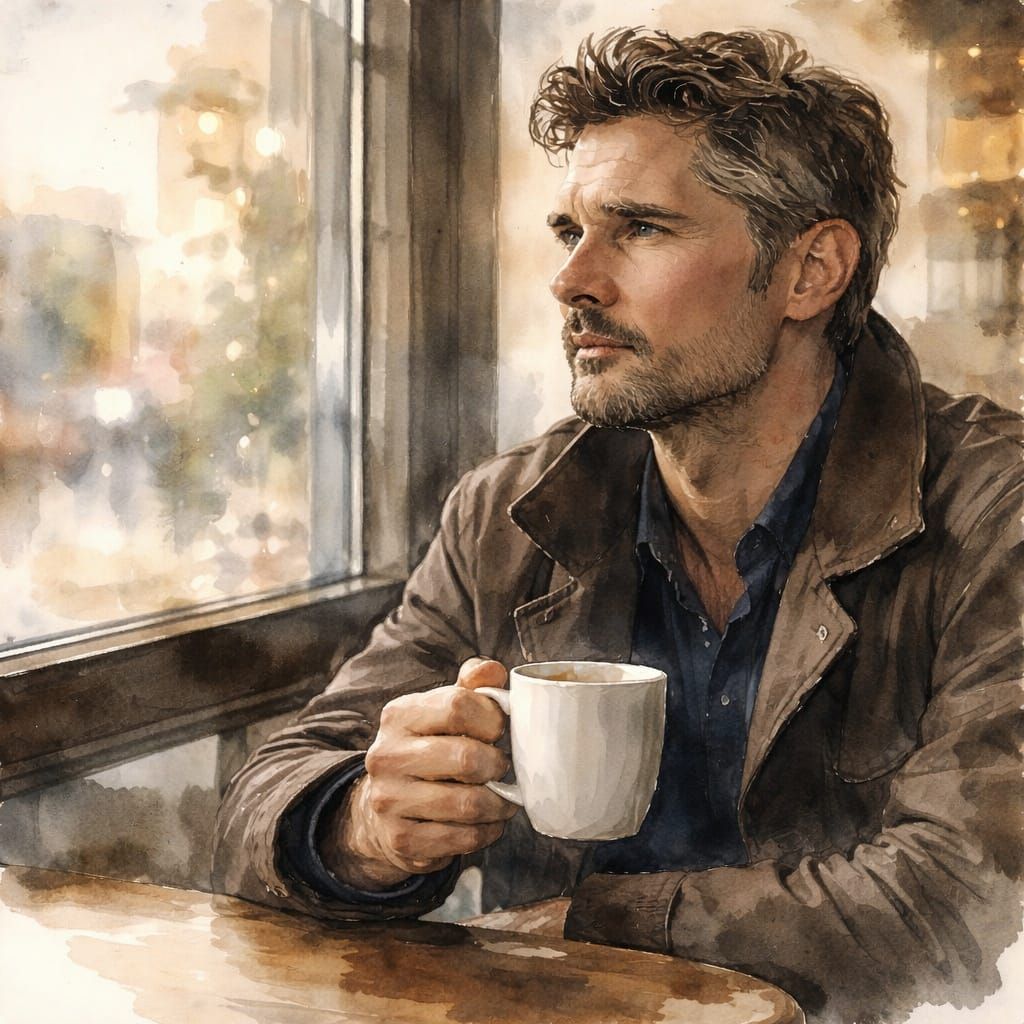 Solitary Man Lost in Thought in a Coffee Shop
