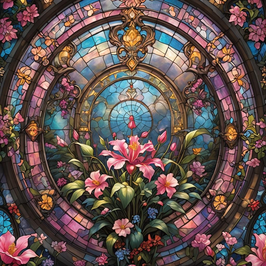 Pink Mandeville Flower in Stained Glass Style