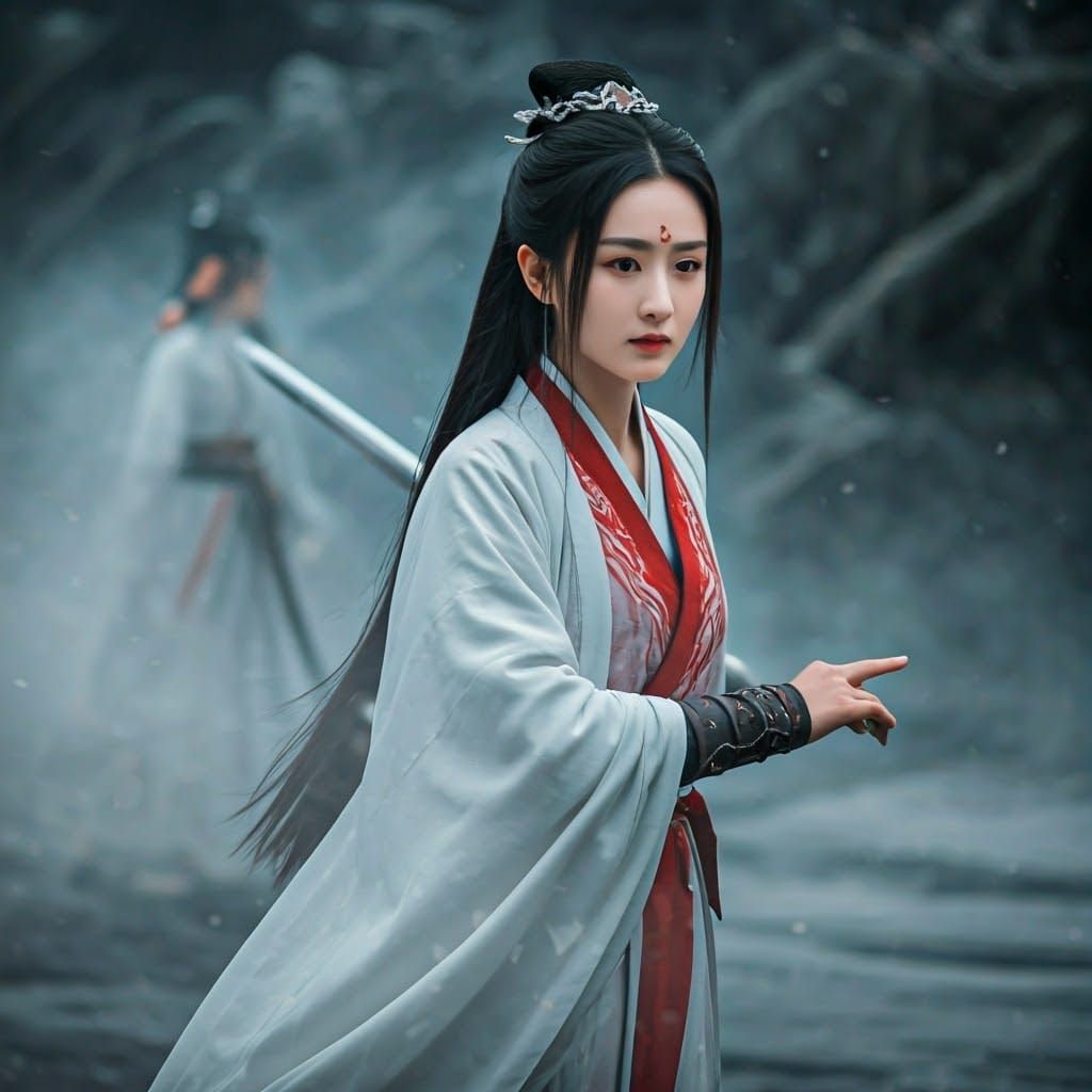 Ethereal Woman with Sword in Dreamy Landscape