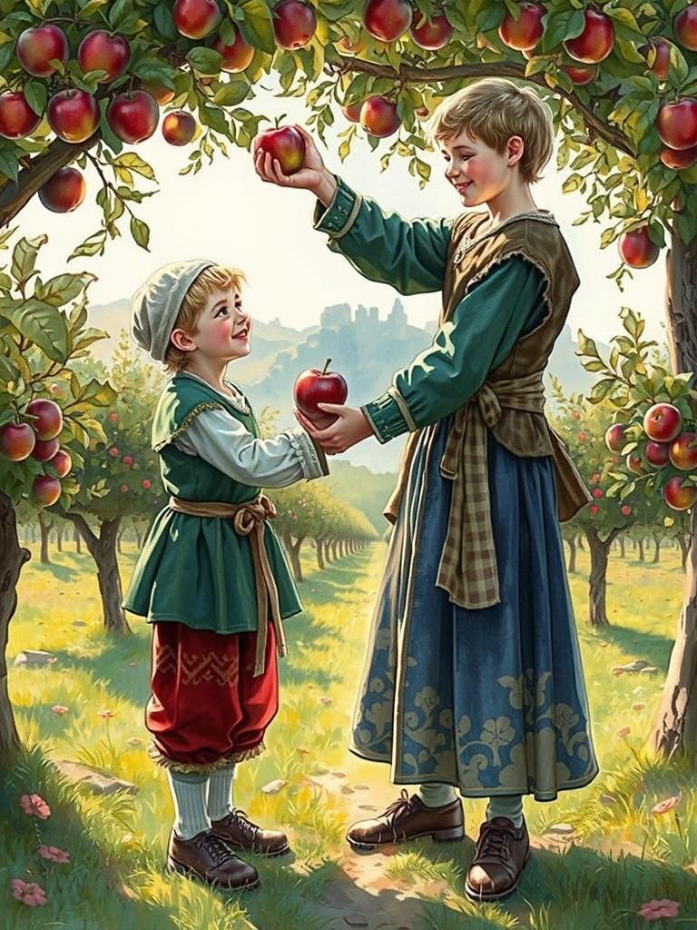 Brotherly Love in Orchard: Watercolor and Ink Art