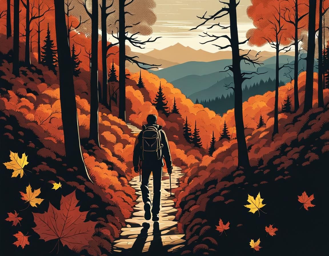 Hiker in Autumn Forest, Gothic Comics Style