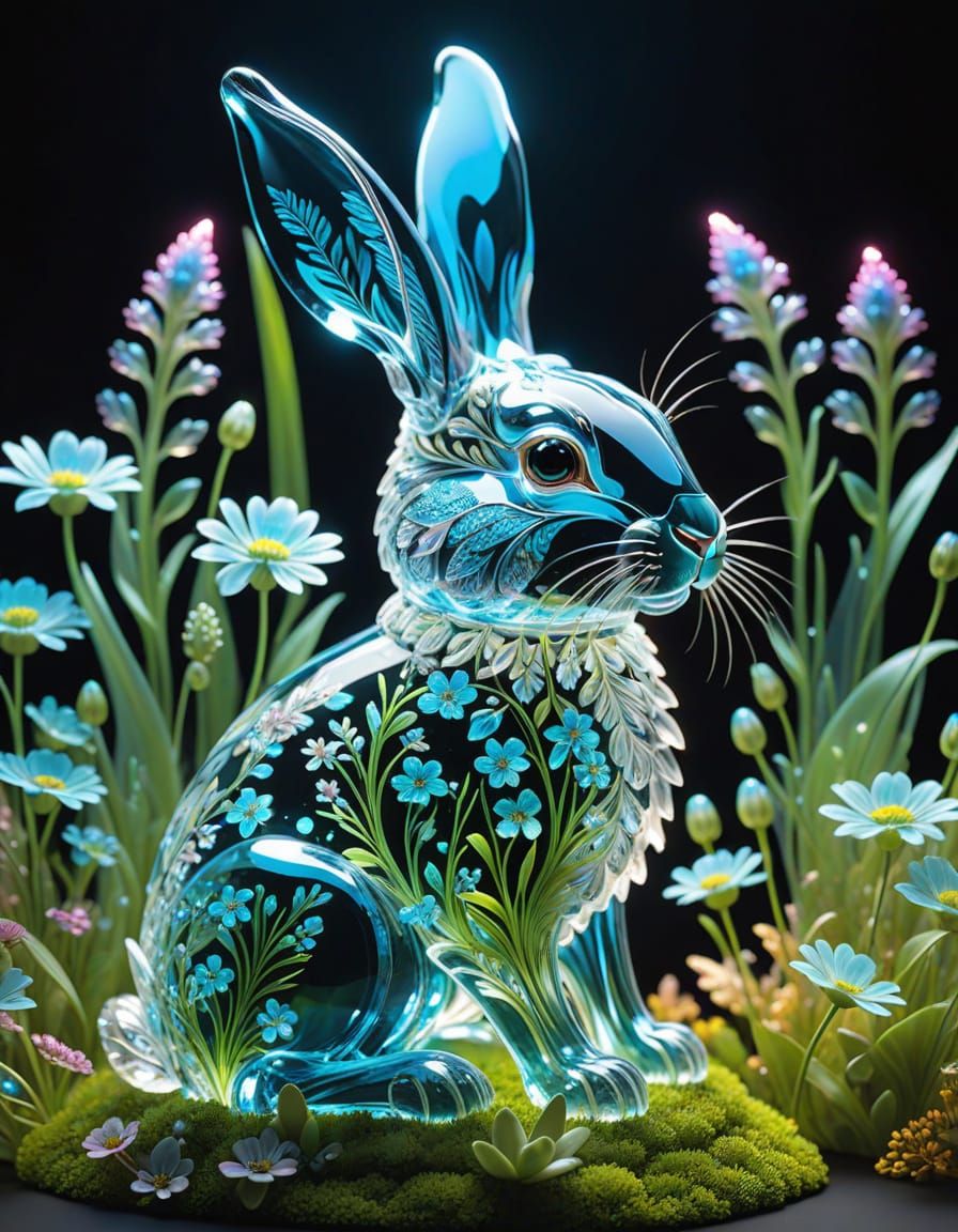 Crystal Rabbit Sculpture Among Luminous Flowers