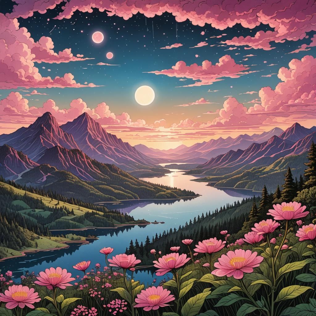 Pointillist Pink Flower Hills at Dawn