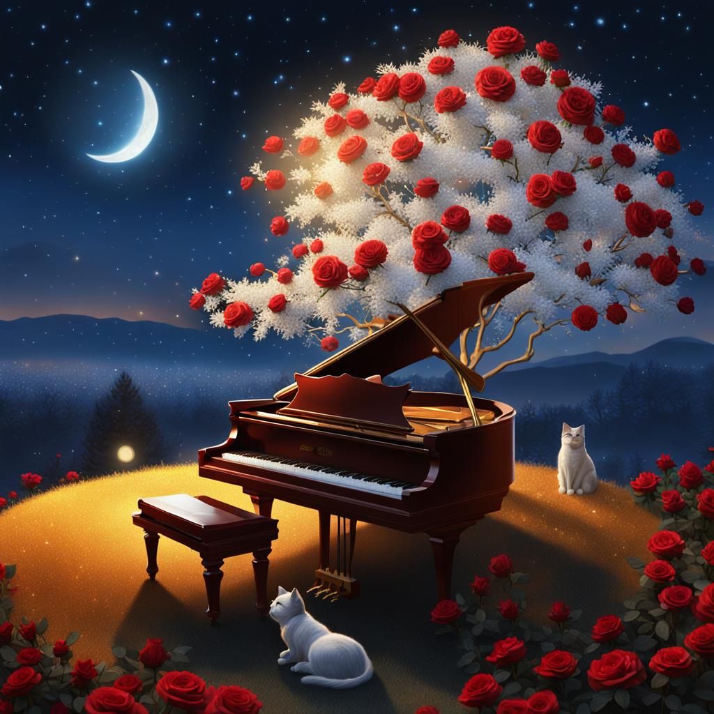 Cat at Piano Under Flowering Tree, Digital Art