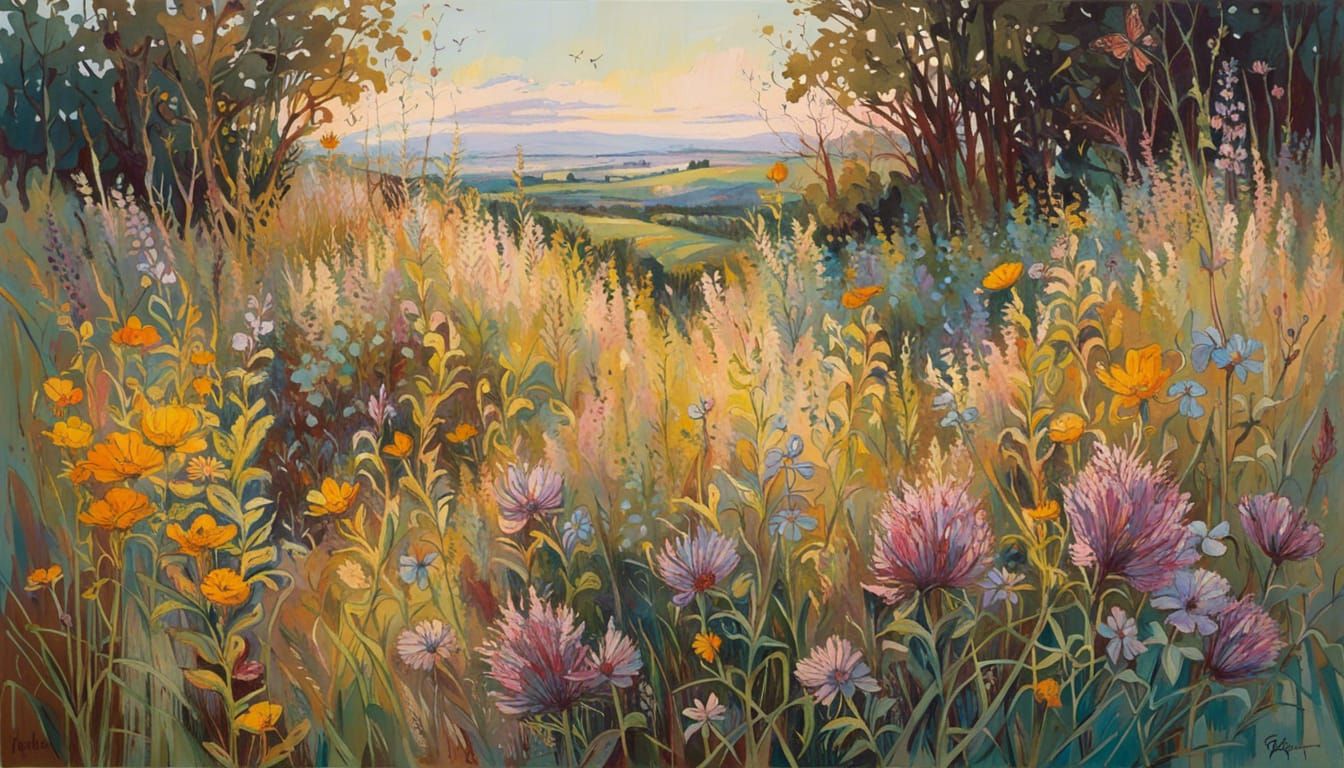 European Roller with Wildflowers, Open Impressionism