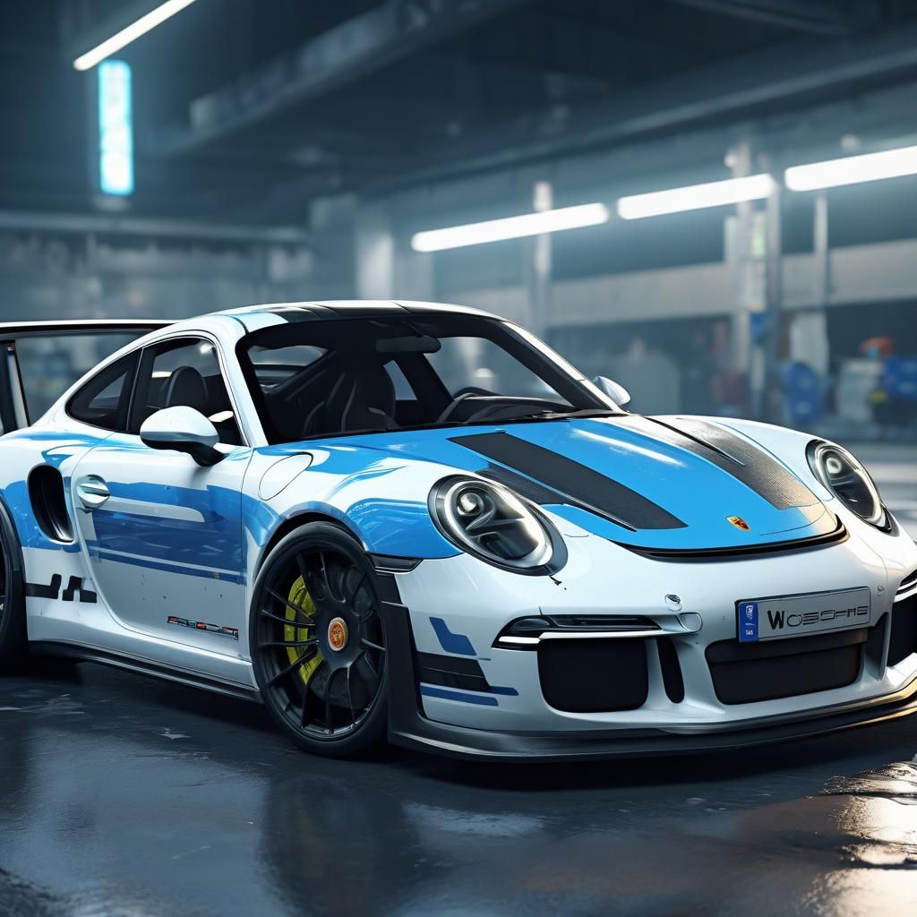 Blue and White Porsche in Anime Art Style