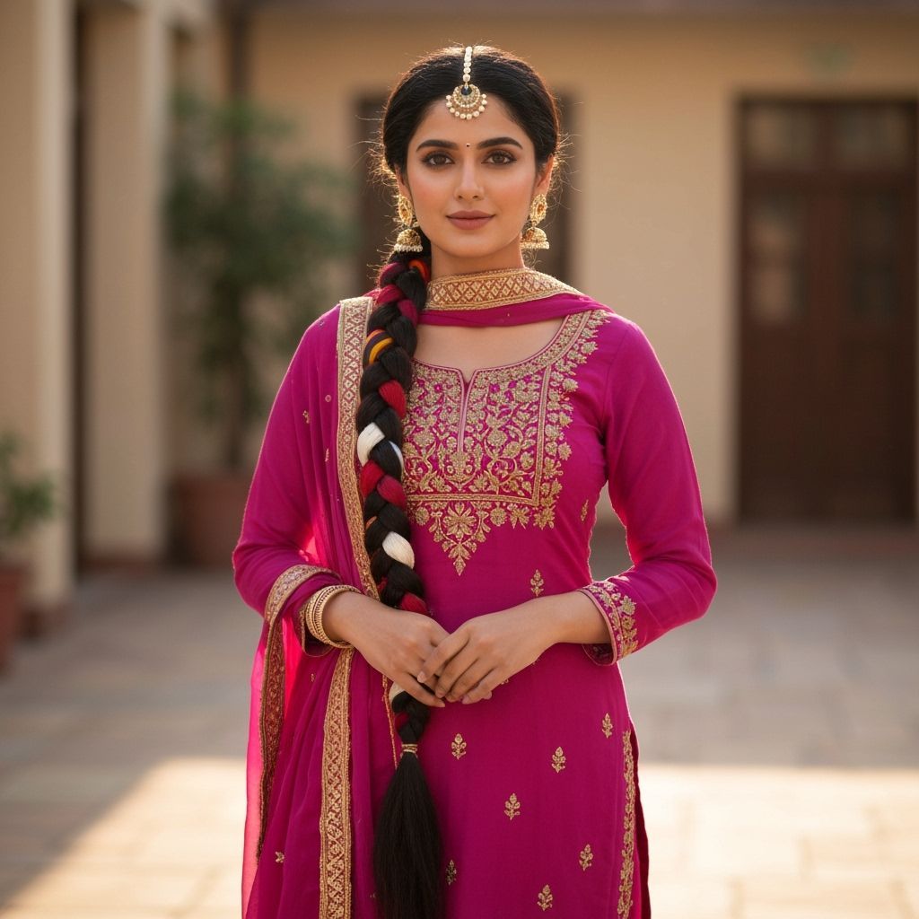 Punjabi Woman in Traditional Attire with Phulkari Embroidery