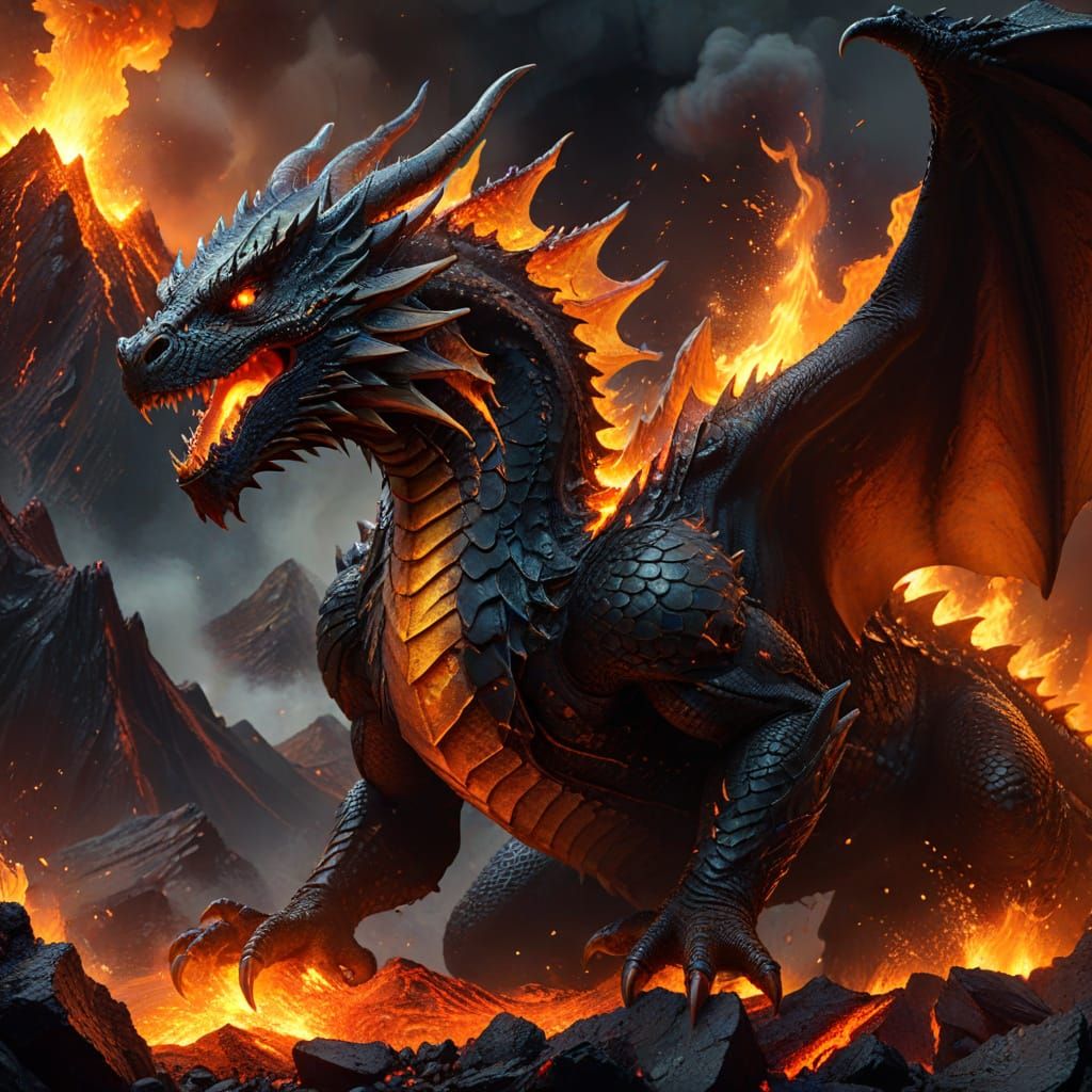 Dragon Emerges From Fiery Volcano: Hyper-Realistic Digital A...