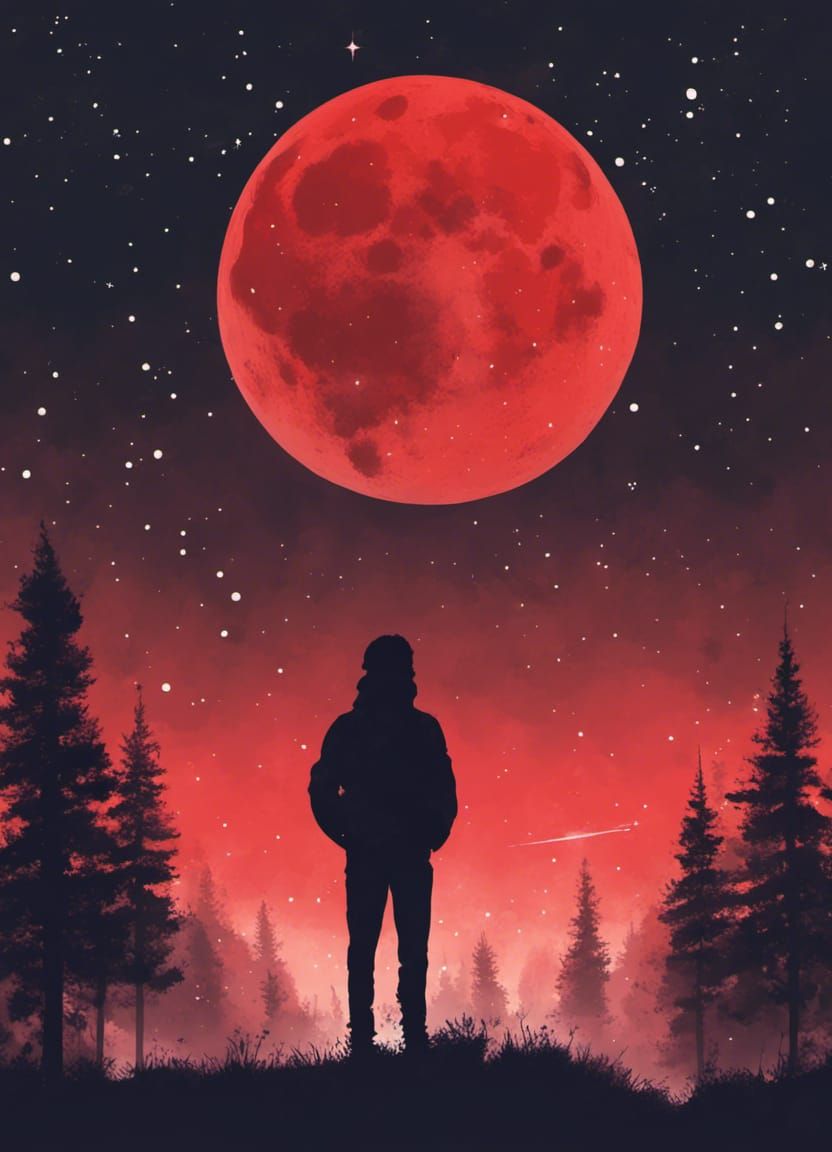 Minimalist Red Moon Over Dark Forest at Night