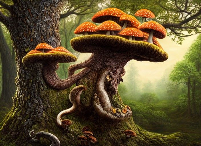 Gnarled Tree Elemental with Mushrooms in Hyperrealistic Styl...