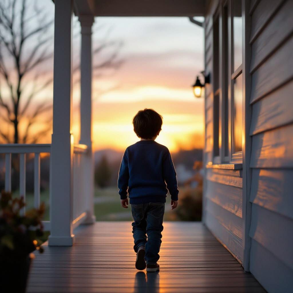Boy on Porch at Sunrise in Cinematic Style