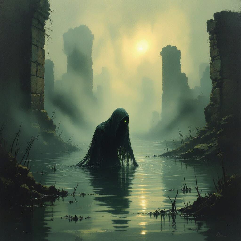 Symbolist fantasy. A lone swamp creature emerging from murky...