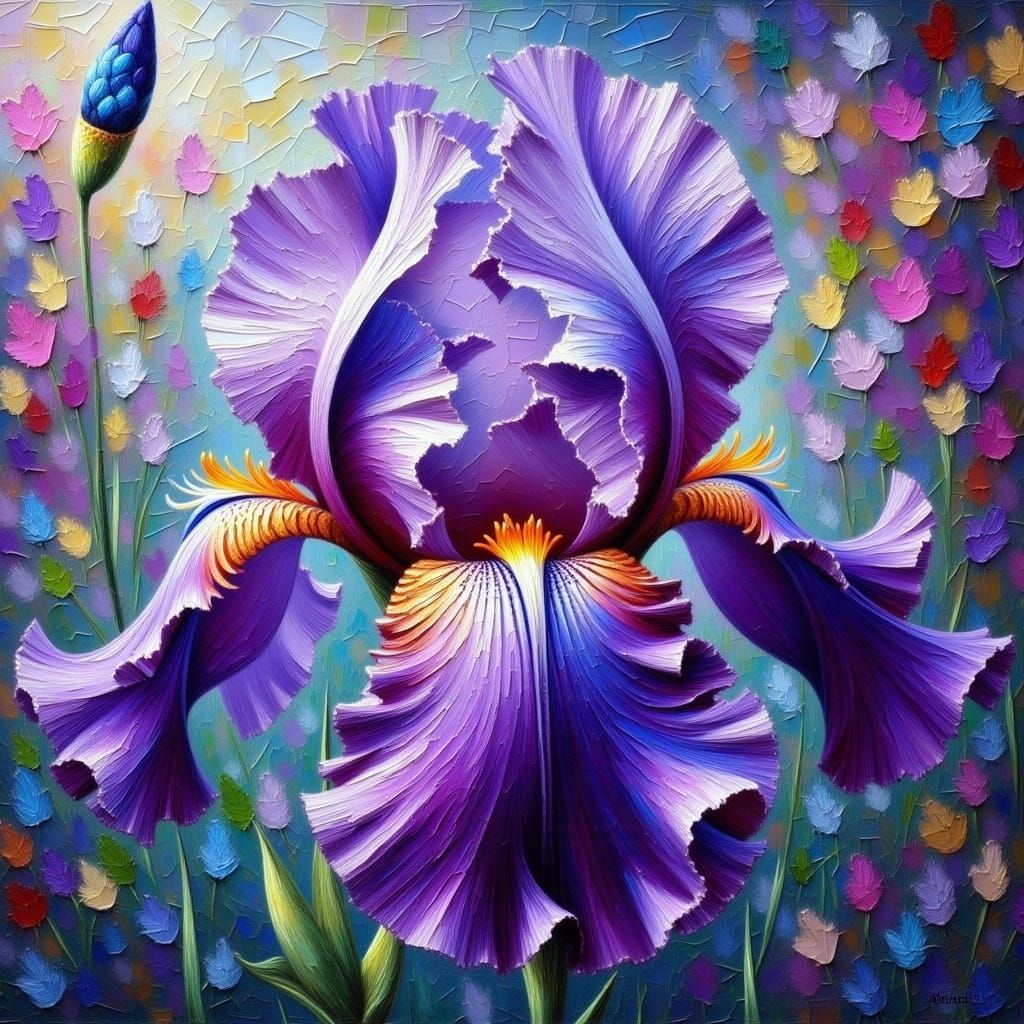 Impasto Oil Painting of a Deep Purple Bearded Iris