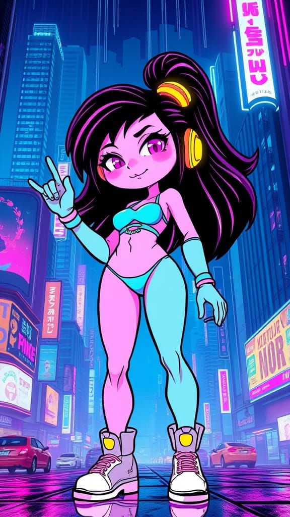 Neon Cyberpunk Character in Futuristic Cityscape