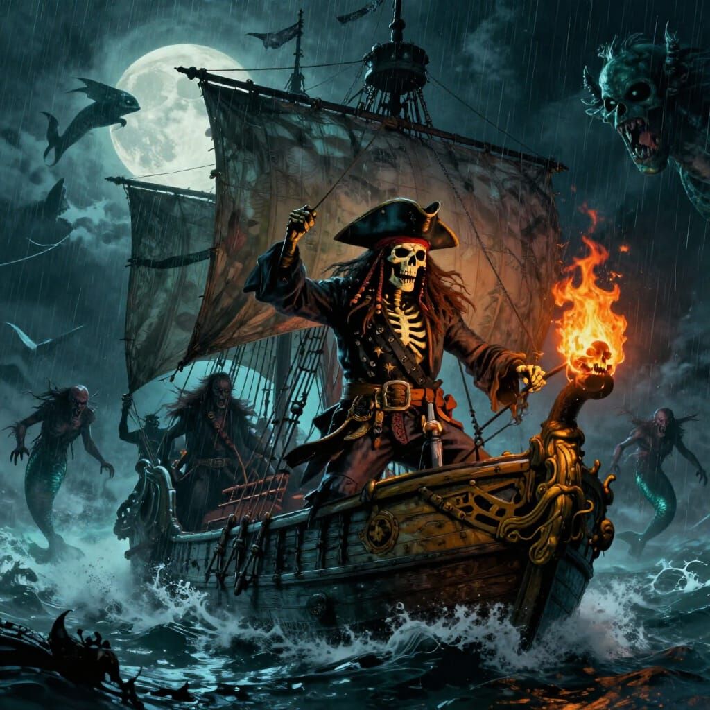 Skeleton Pirate Captain on Haunted Ship in Stormy Seas