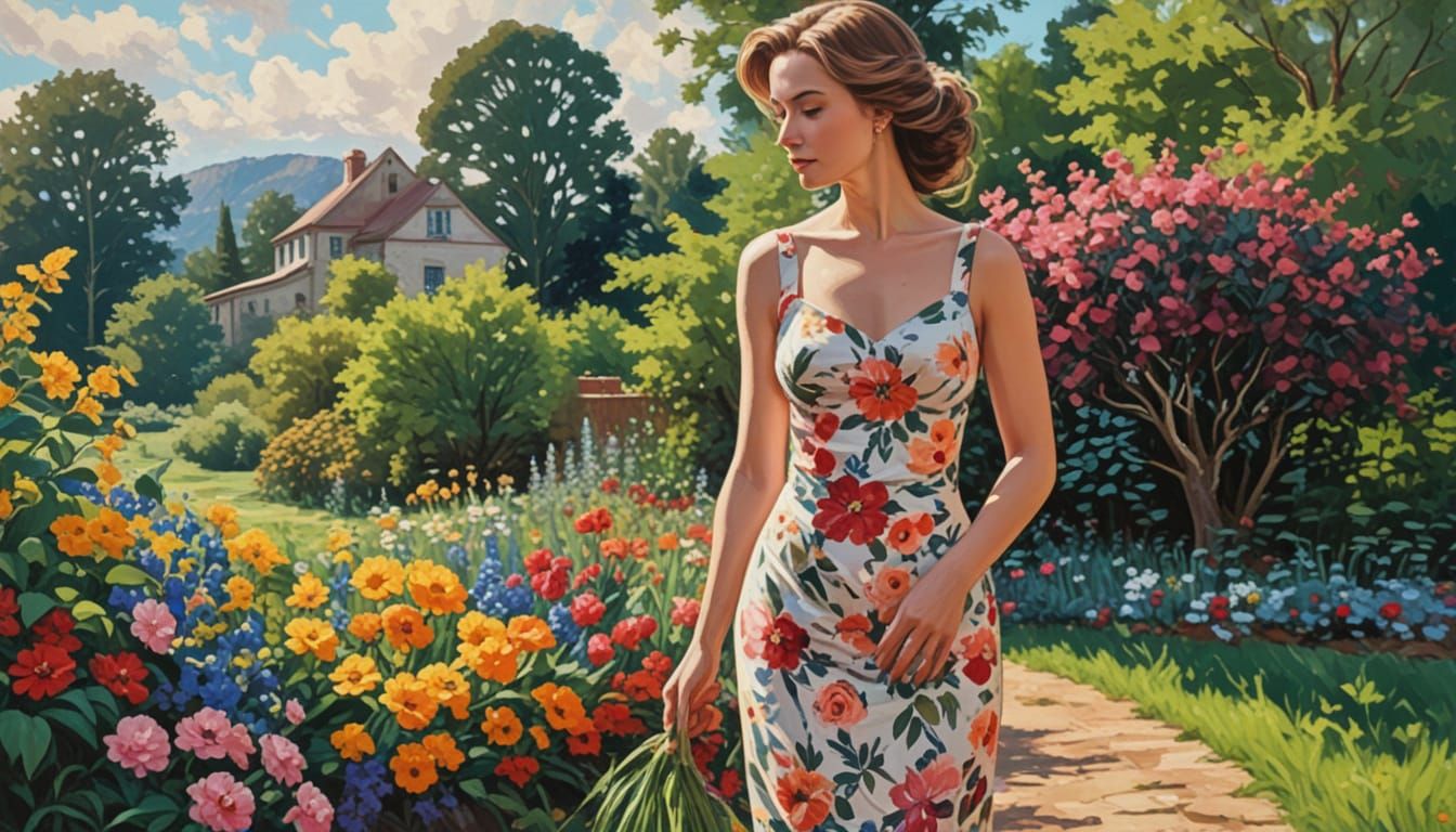 Impressionist Garden Scene with Thick Brush Strokes and Visi...