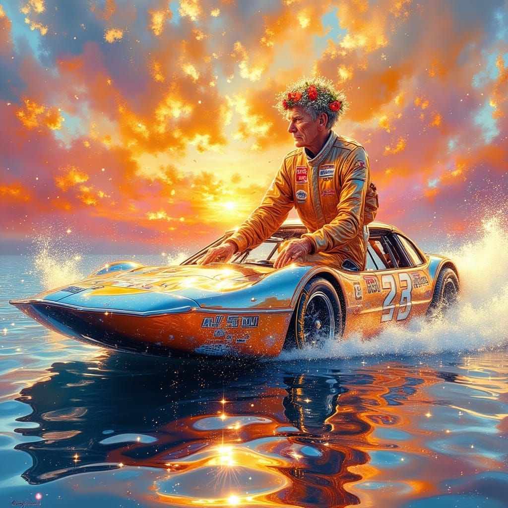 Surreal Surfing Nascar at Sunset in Hockney Style