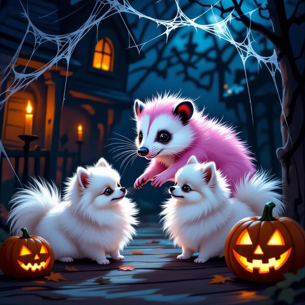 Pink Opossum Plays With Pomeranians in Haunted House