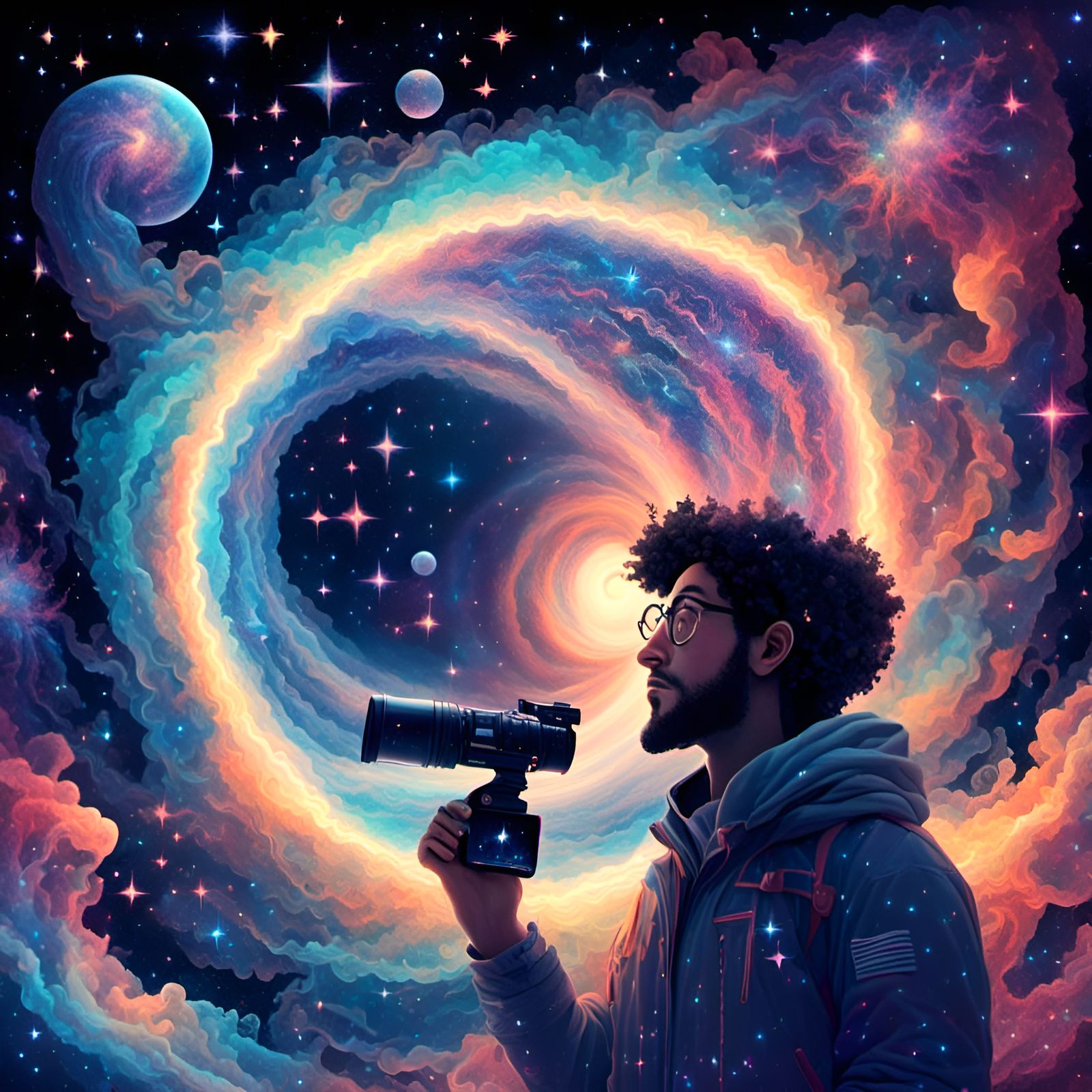 Wizard Observes Cosmic Sky with Jellyfish, Holographic Illus...