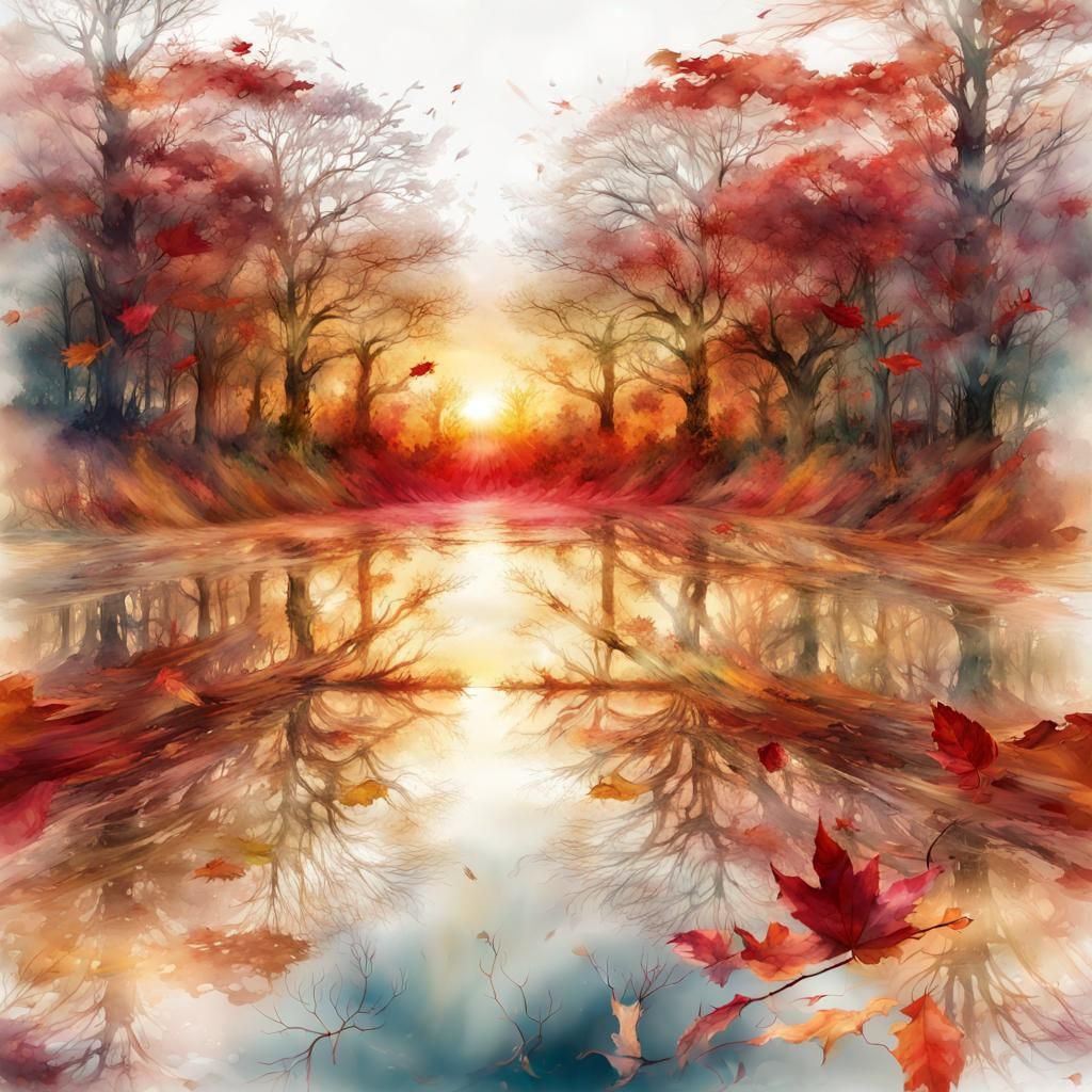 Autumn Sunset Landscape in Digital Watercolor Illustration