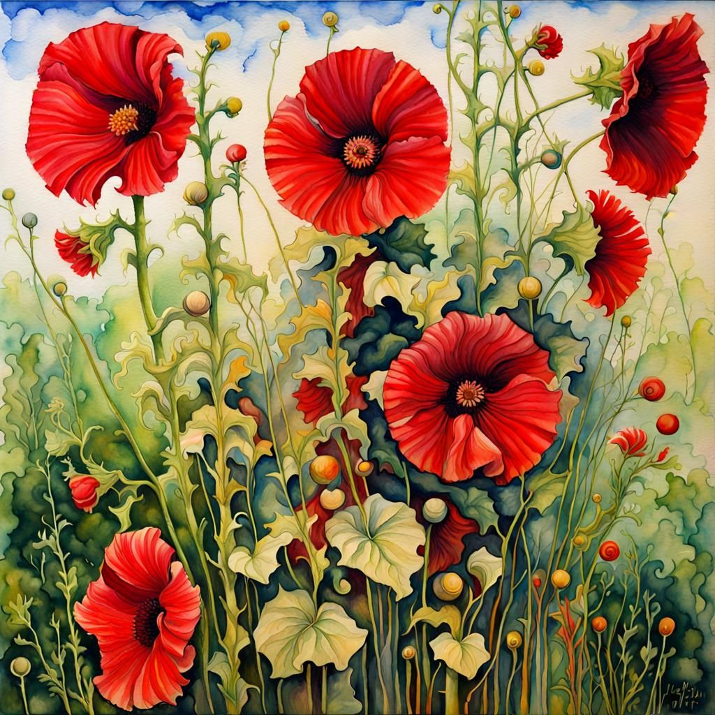 Red Hollyhocks in Surrealist Style
