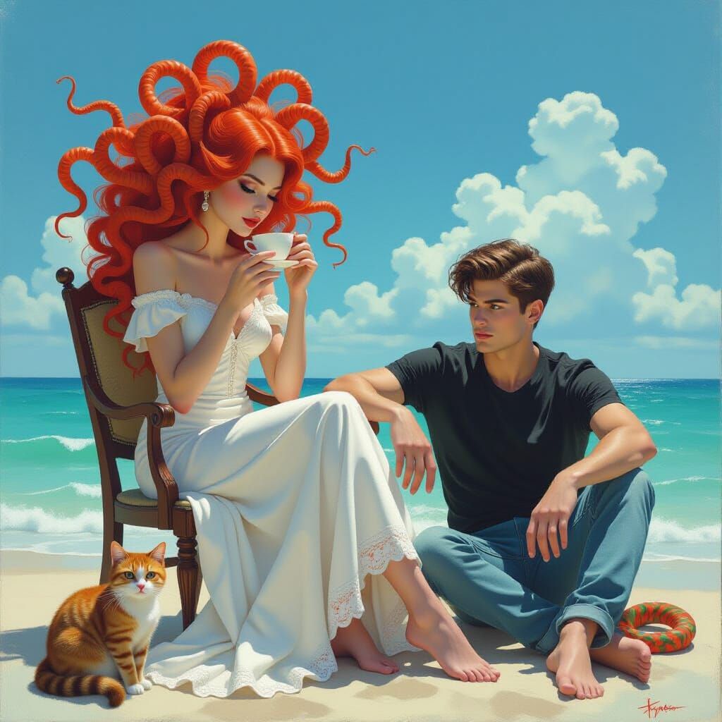 Ethereal Girl With Snake Hair Sips Tea By The Sea