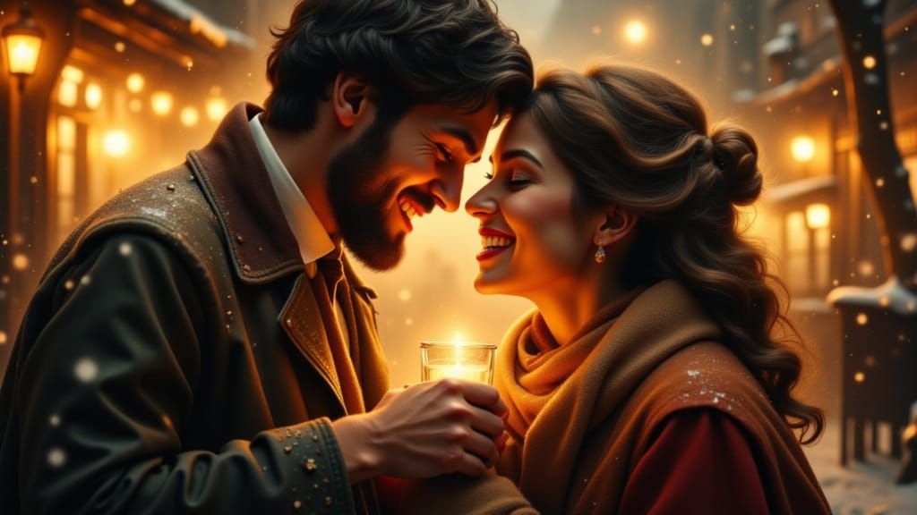 Joyful Couple Embracing in Romantic Snowfall