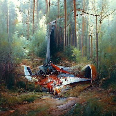 Crashed Plane in Forest: Oil Painting