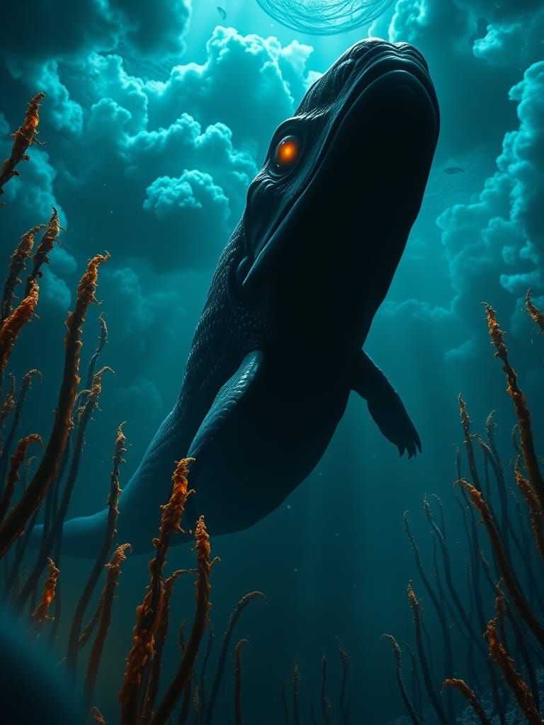 Cosmic Plesiosaur in Bioluminescent Sea, Hyperrealistic Styl...