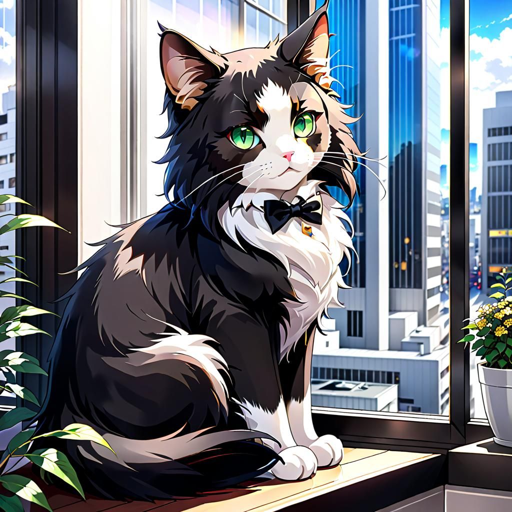 Anime Cat Overlooks Tokyo in Cel-Shaded Style