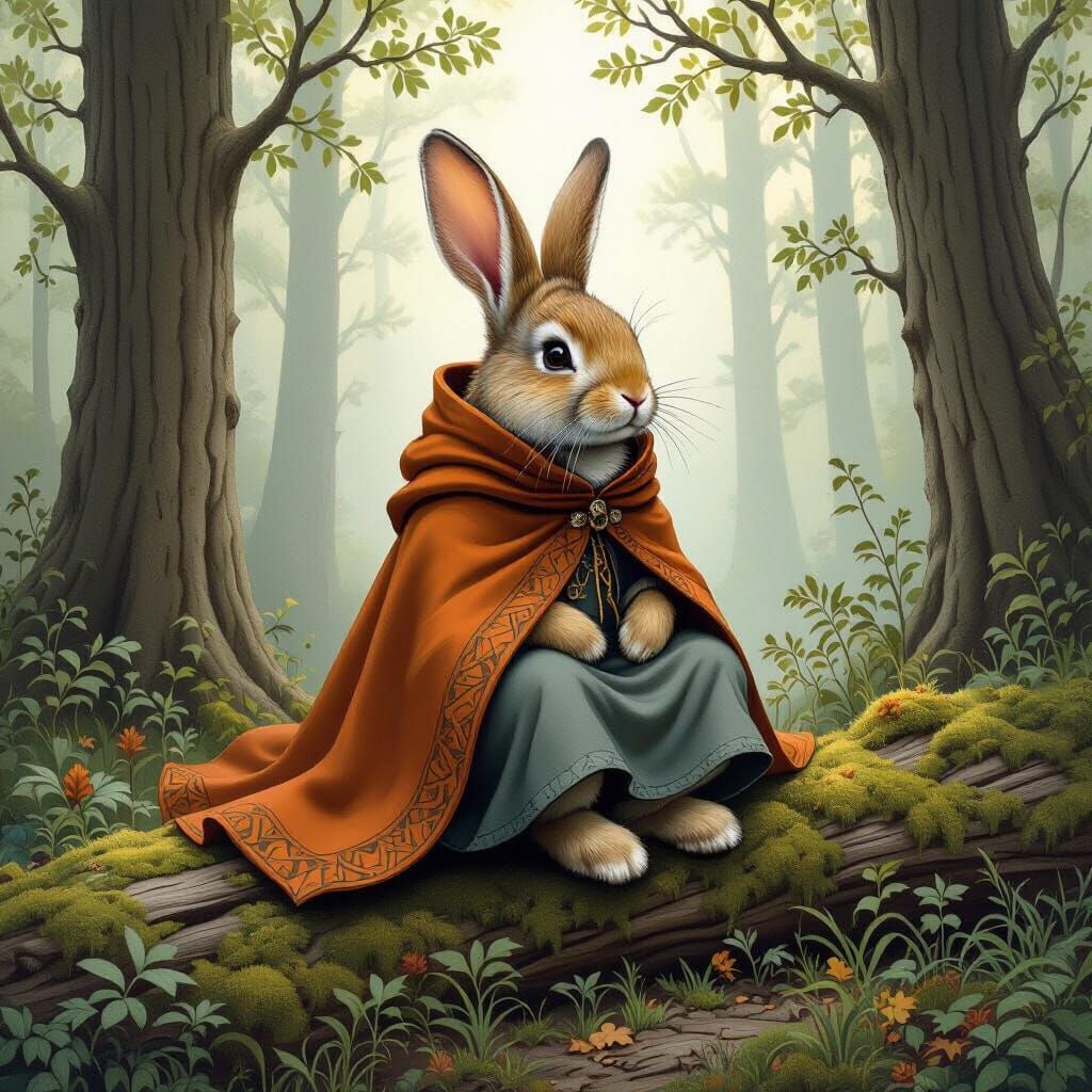 Bunny in Cloak on Forest Log, Fantasy Art Style