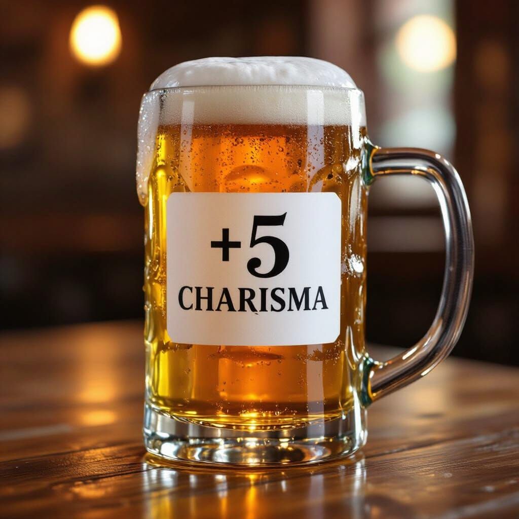 Golden Beer Mug with "+5 Charisma" Label in Cozy Tavern Glow