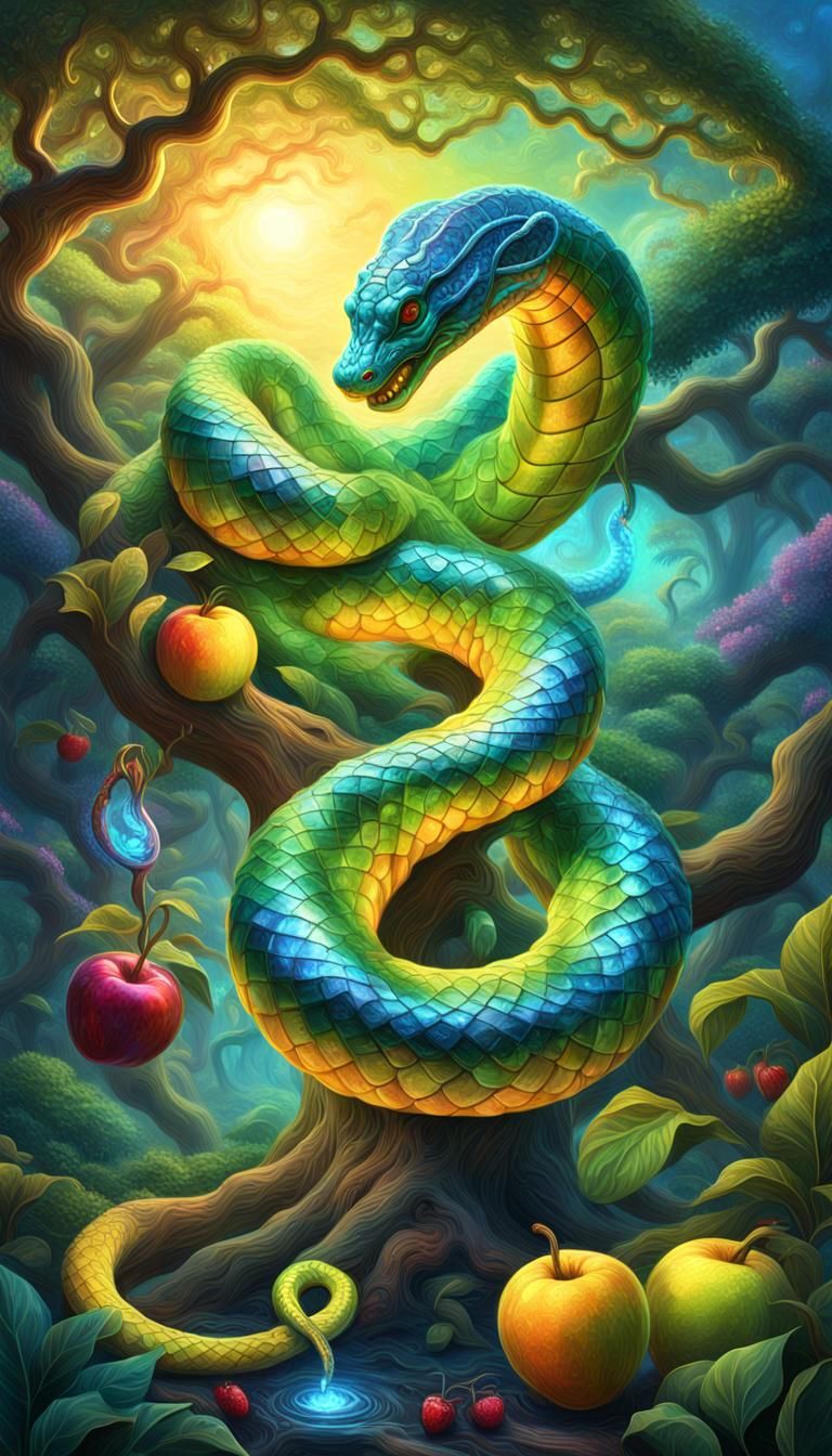 3D Mythical Bioluminescent Serpent coiled around the Tree of Knowledge, lush Garden of Eden background, forbidden fruit ...
