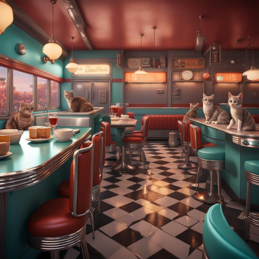 1950s Diner with Cats: Detailed Matte Painting