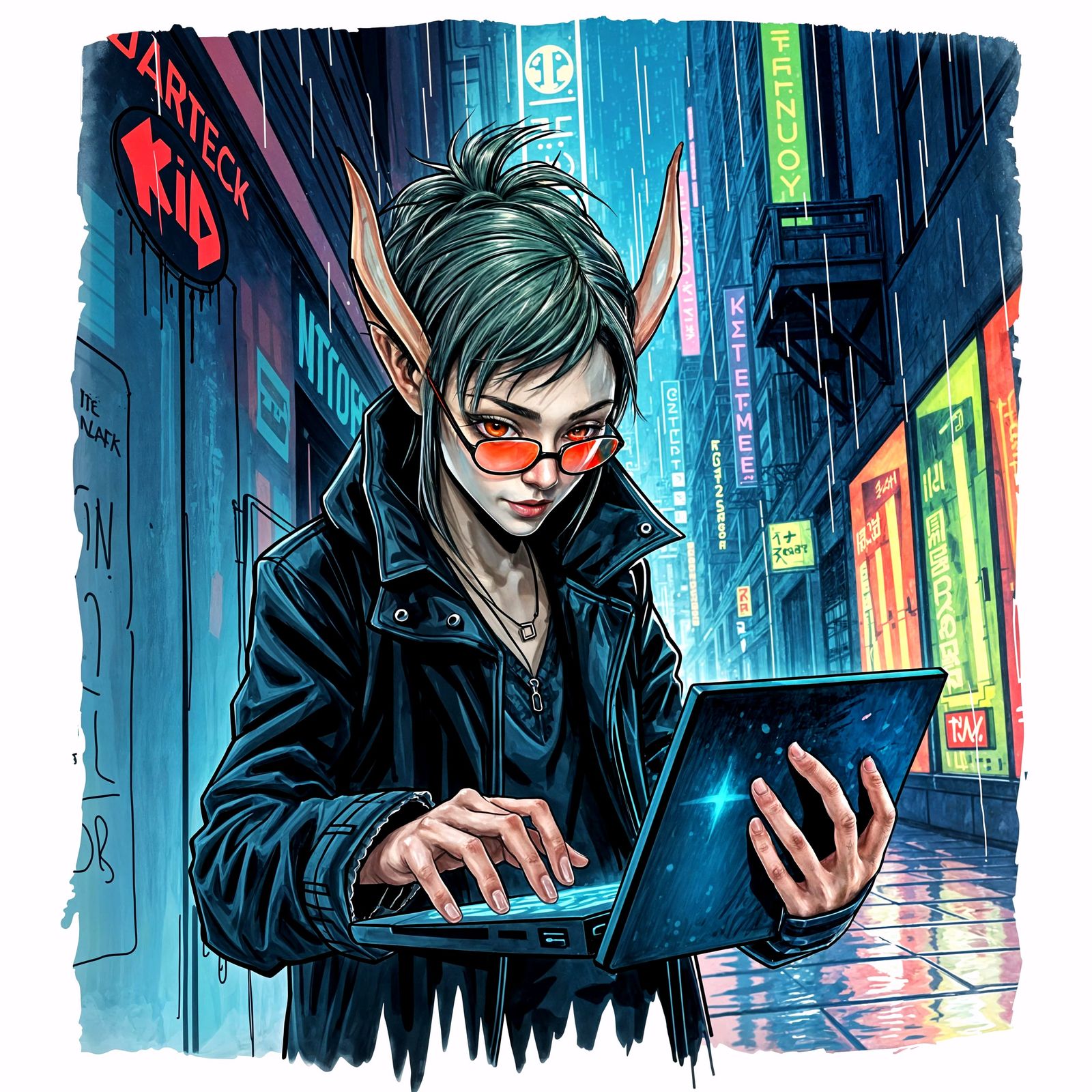 Cyberpunk Elf Hacker in Neon Alleyway