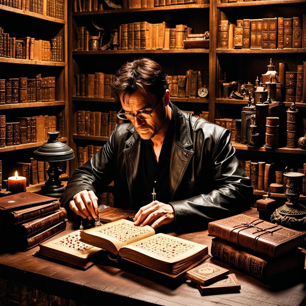 Wizard Playing Mahjong in Dimly Lit Laboratory