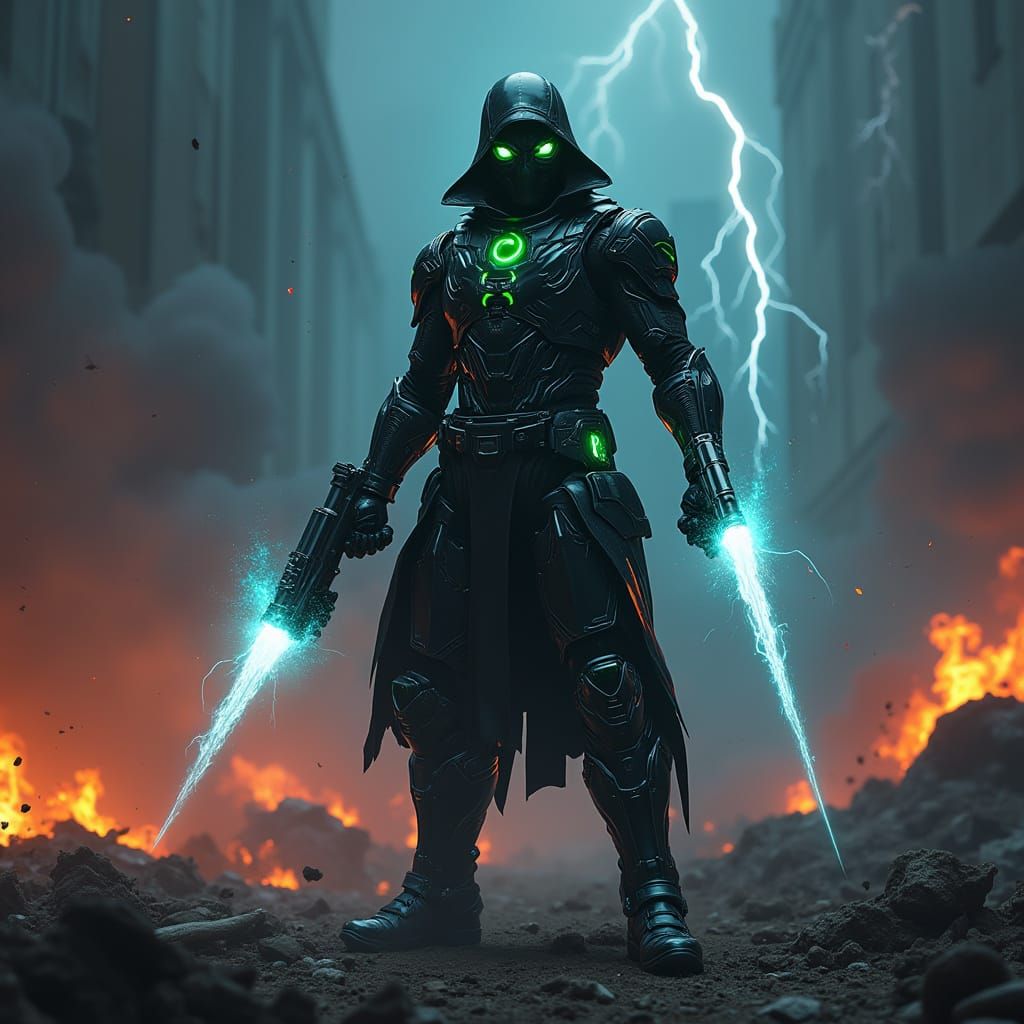 Futuristic Fighter with Plasma Pistols in Electric Aura