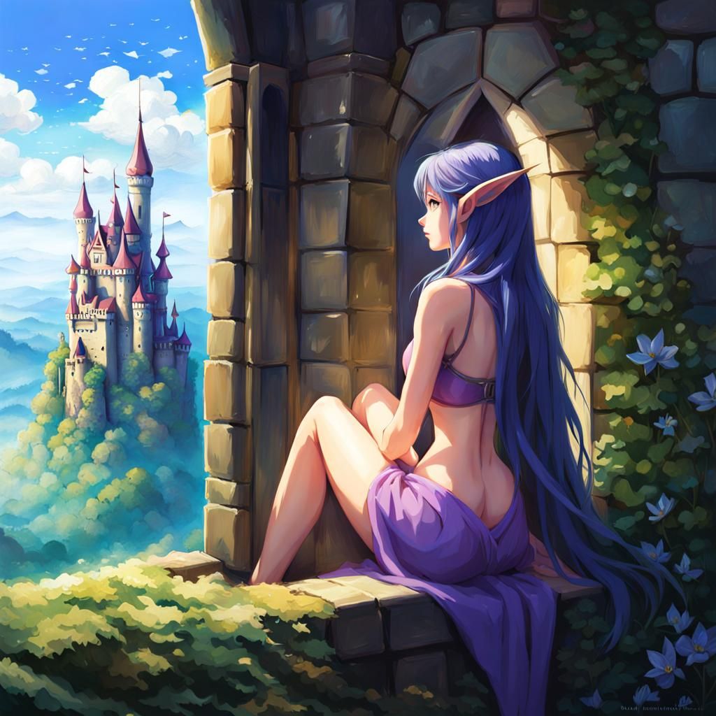 Sad Fairy in Castle Window, Fairycore Anime