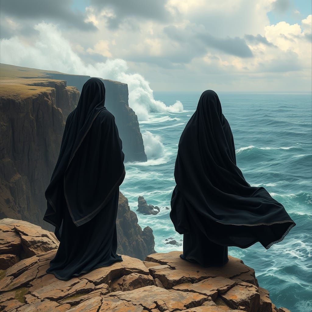 Veiled Figures Gaze at Stormy Sea: Fantasy Art