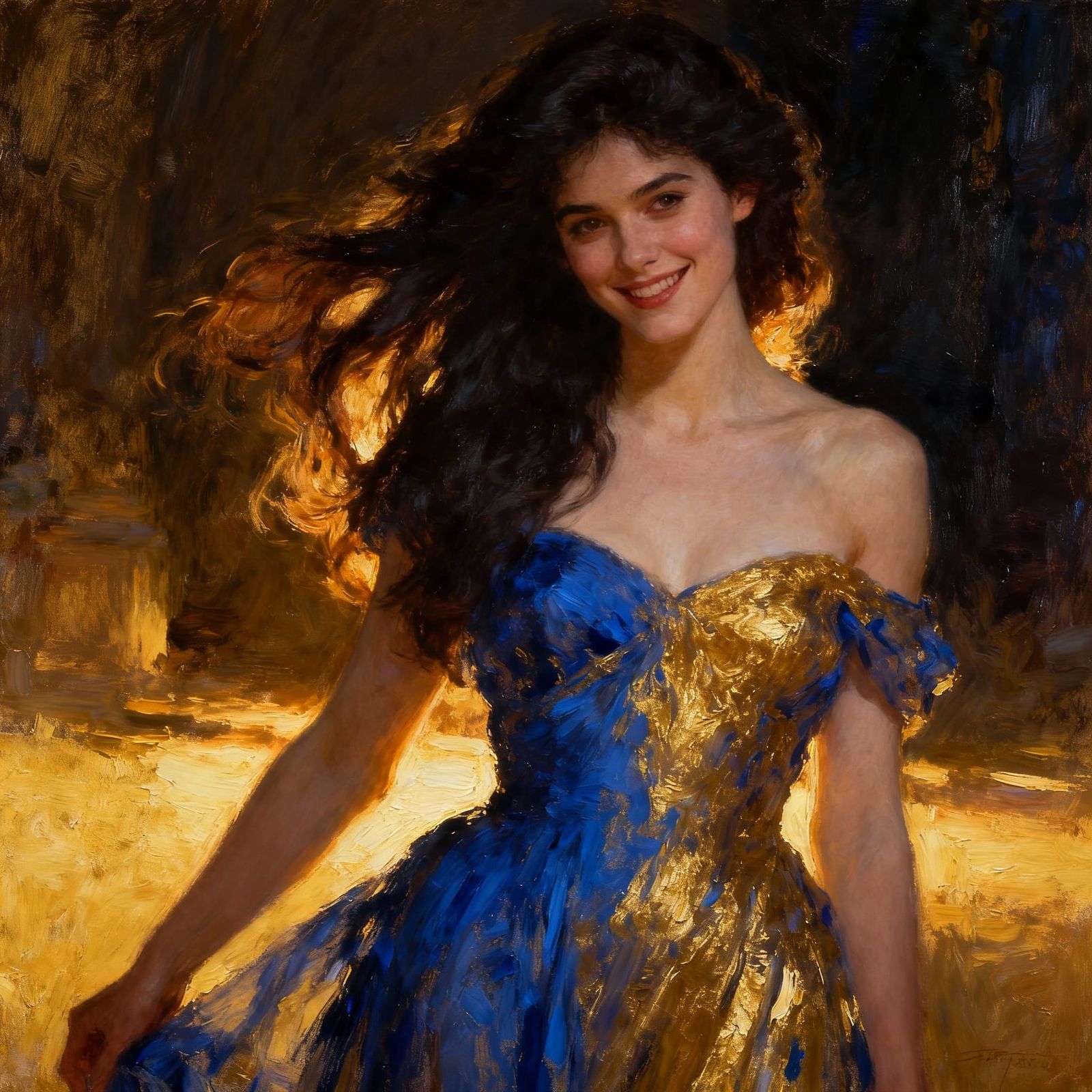 Elegant Woman in Blue and Gold Dress Oil Painting